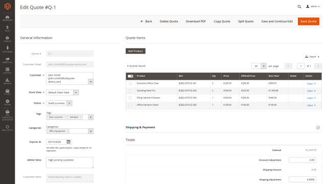 B2B Quote screenshot 2: B2B Quote Admin Record View