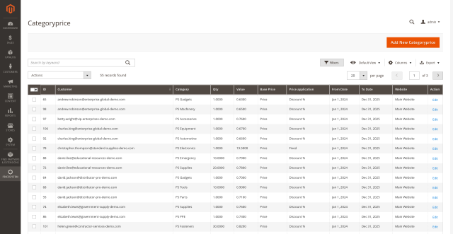 Category Specific Prices screenshot 1: Categoryprice Admin Customer Prices Grid