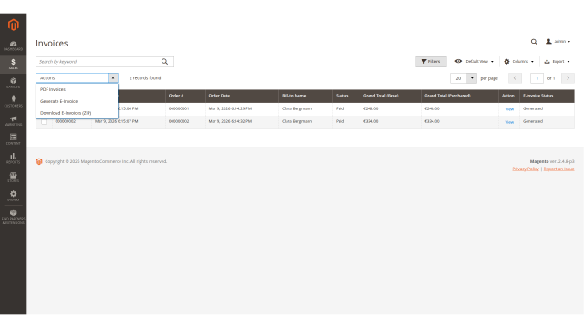 E-Invoice screenshot 1: E Invoice Admin Invoice Grid Actions