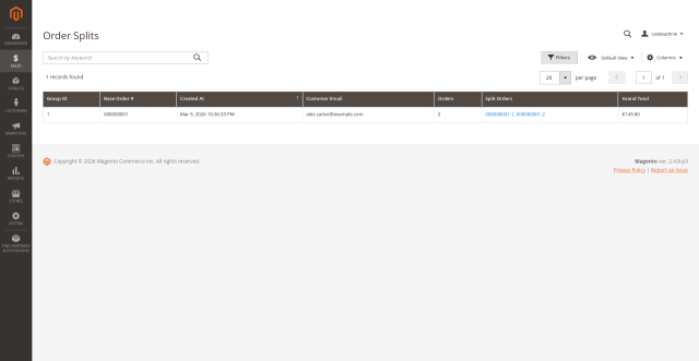 Order Split screenshot 1: Order Split Admin Order Splits Grid