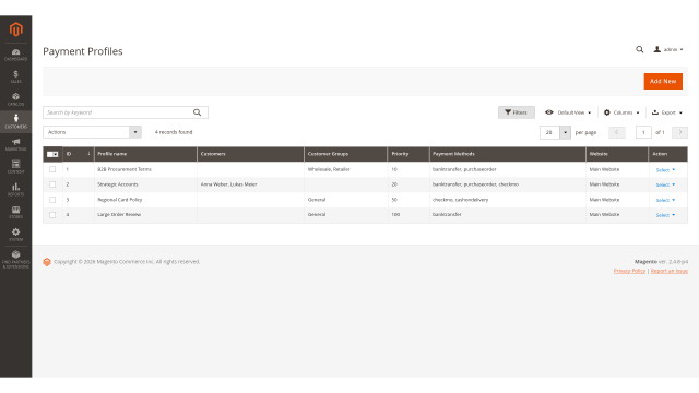 Payment Profiles screenshot 1: 01 Payment Profile Admin Grid