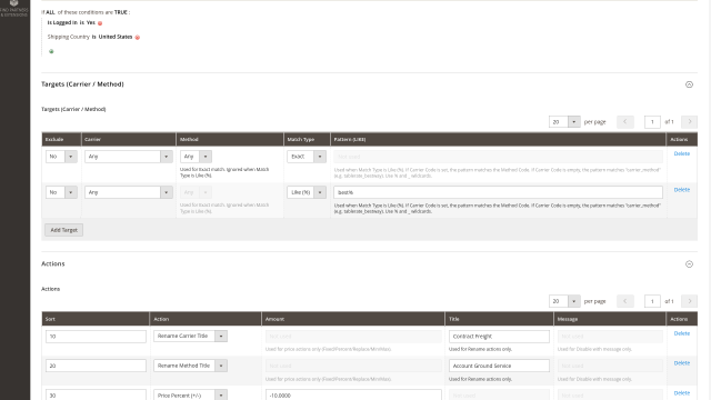 Shipping Conditions screenshot 3: Shipping Conditions Admin Rule Edit Targets Actions