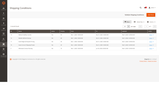 Shipping Conditions screenshot 1: Shipping Conditions Admin Rule Grid